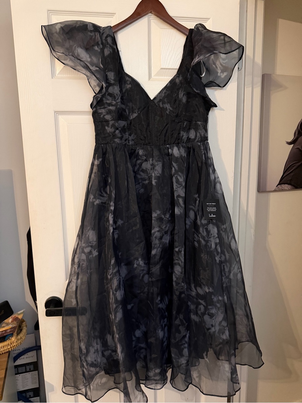 Lulu's Black Sheer Floral Midi Dress with Ruffle Sleeves